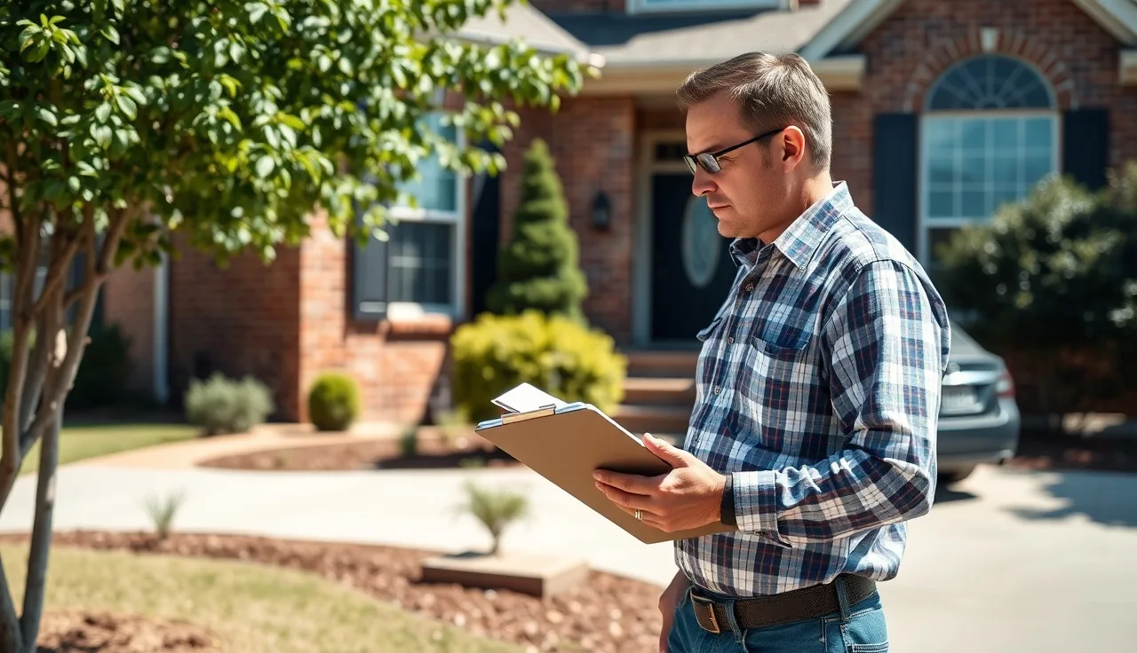 Housing inspector checking exterior of a suburban home in Henry County Georgia