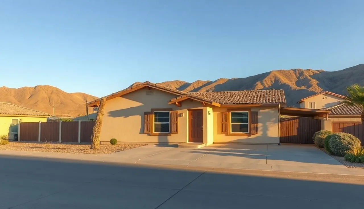Single-story desert rental home in Antelope Valley under clear afternoon sky