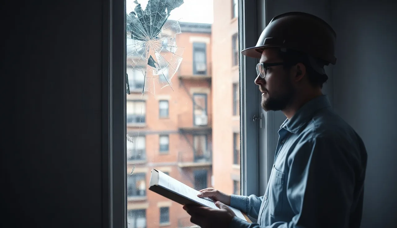 Inspector examining a failed window frame in a New York City apartment during a Section 8 housing inspection