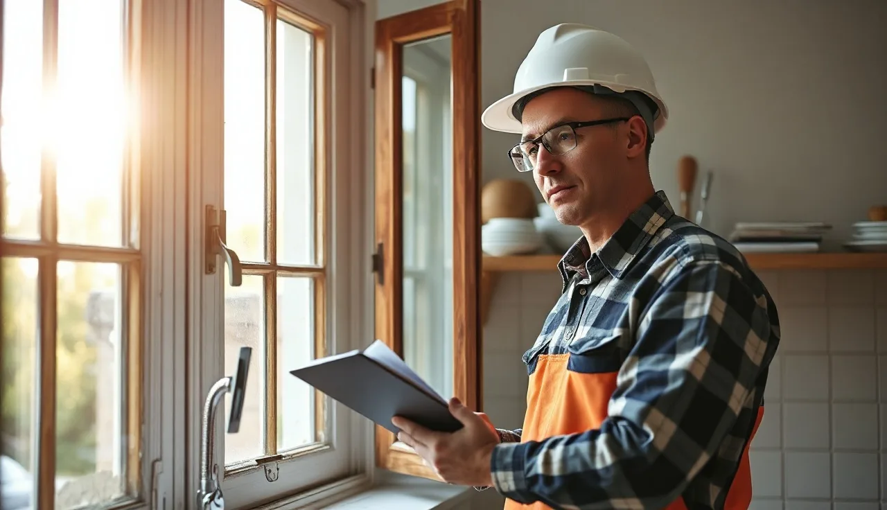 Inspector examining a residential kitchen window during a housing inspection visit