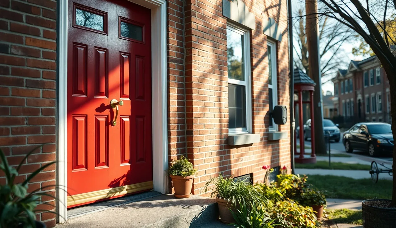 Baltimore rowhouse front door with brick facade and clean front steps for section 8 inspection