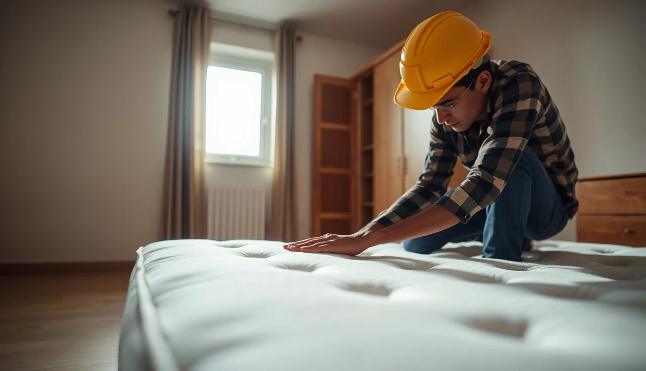 Housing inspector examining mattress seam for bed bugs in empty apartment