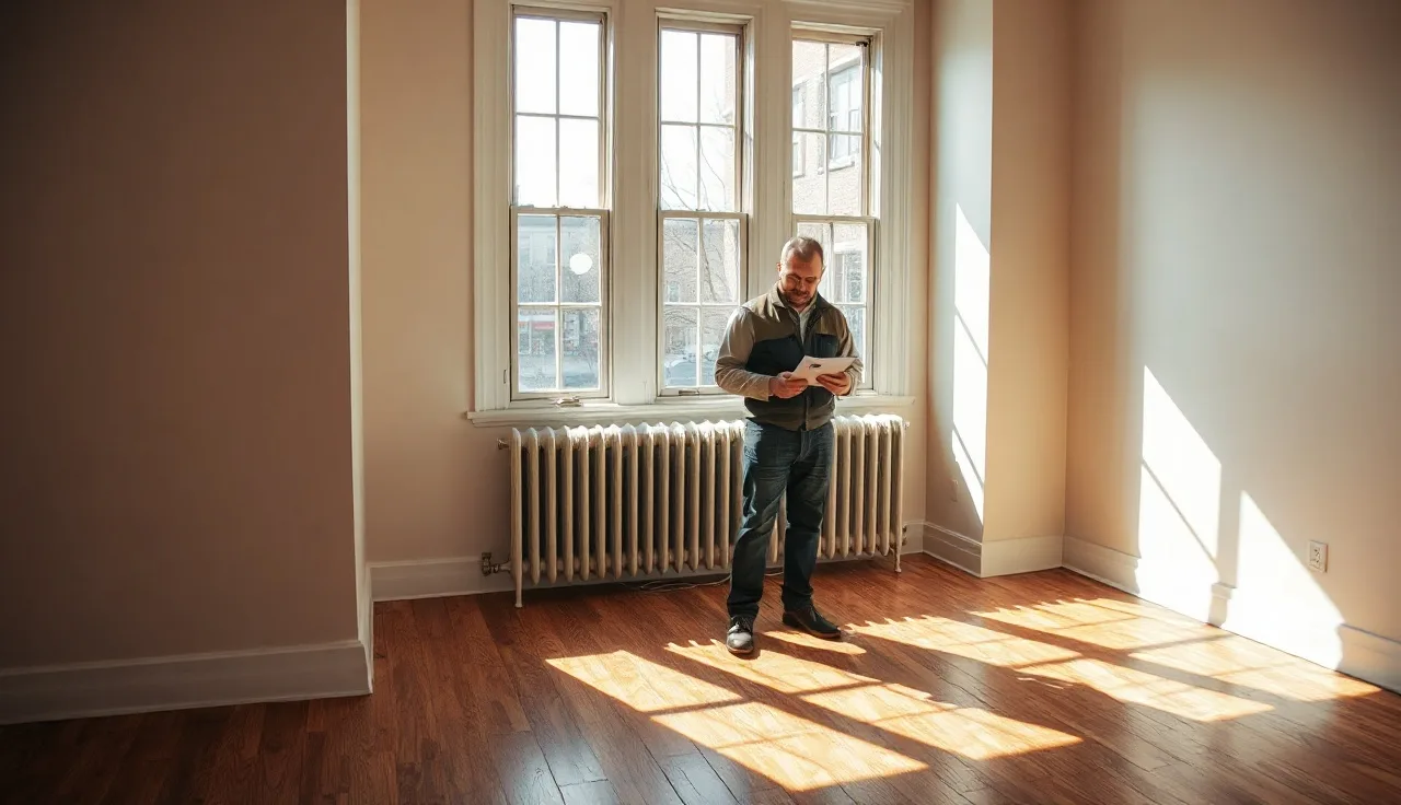 Inspector checking a radiator during a Section 8 housing inspection in a Boston apartment