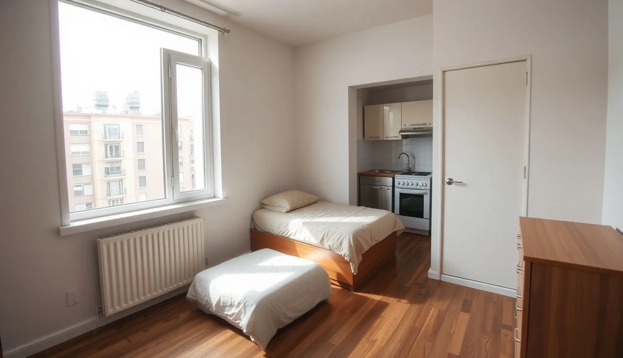 Sunlit studio apartment with a bed and compact kitchenette ready for Section 8 inspection