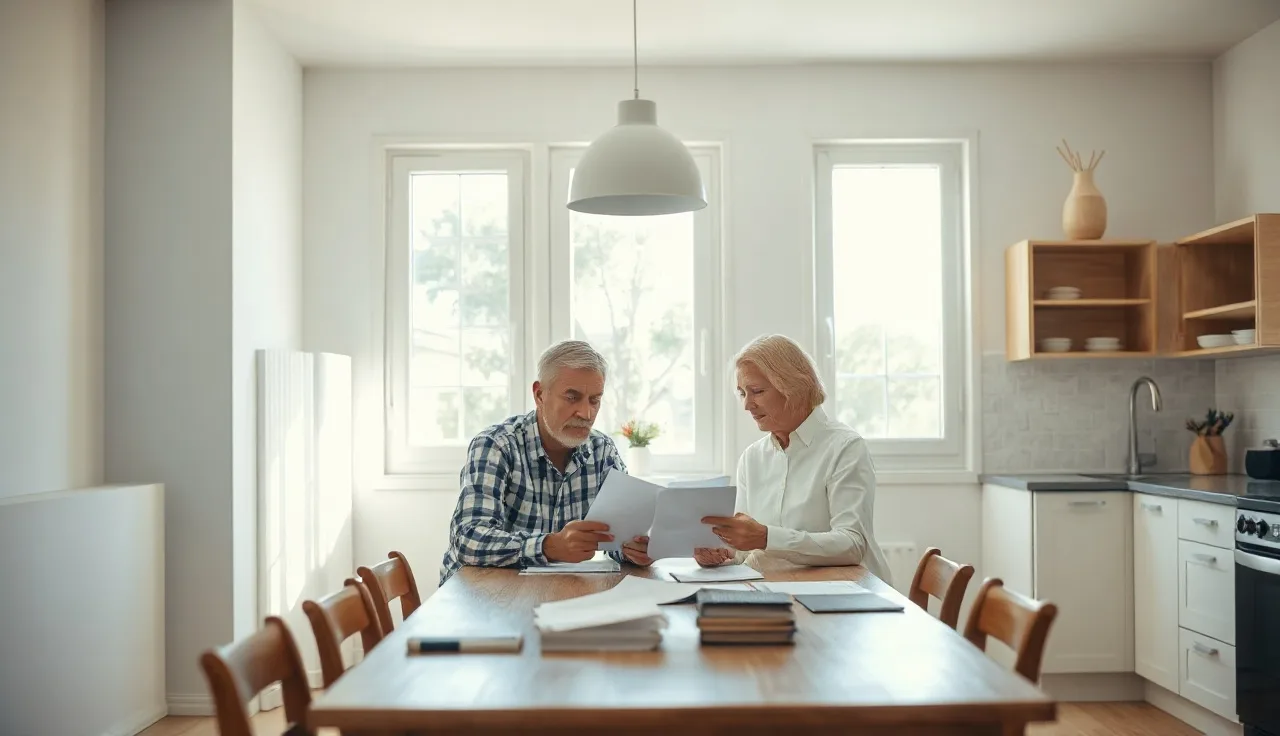 Landlord and tenant reviewing Section 8 lease documents in an unfurnished apartment