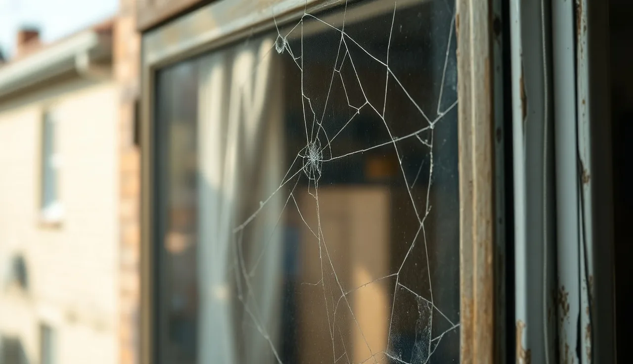 Cracked residential window pane with worn wooden frame that would fail a Section 8 inspection