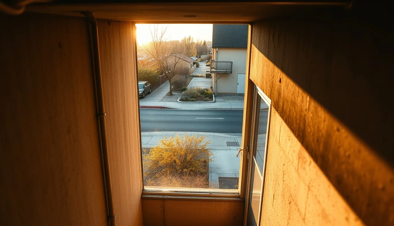 Basement apartment window well with warm interior light and concrete walls