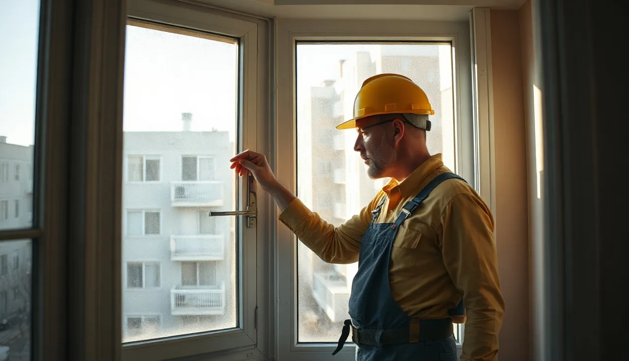 Housing inspector checking window latch inside a Cook County Section 8 apartment