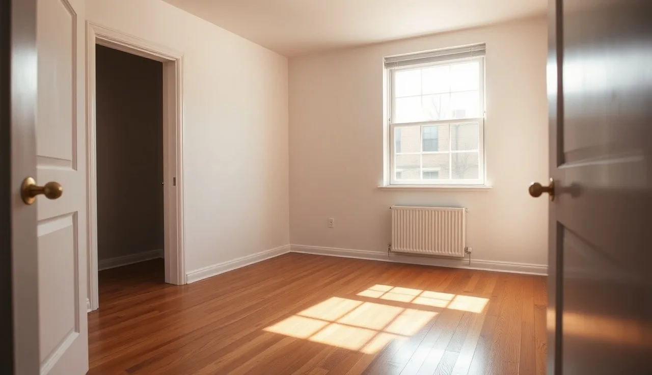 Sunlit empty bedroom with no closet, large window, hardwood floor
