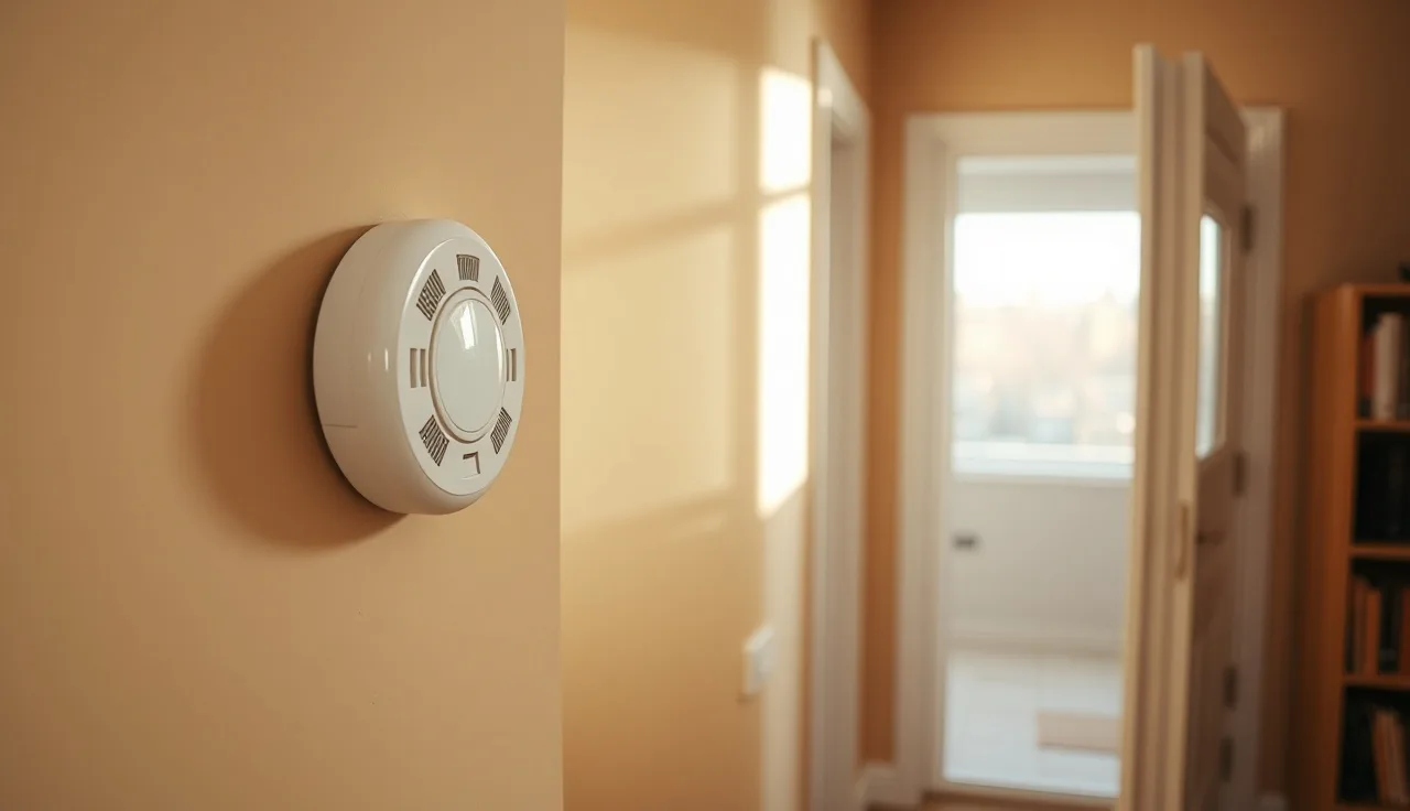 Carbon monoxide detector mounted on wall in a rental apartment hallway