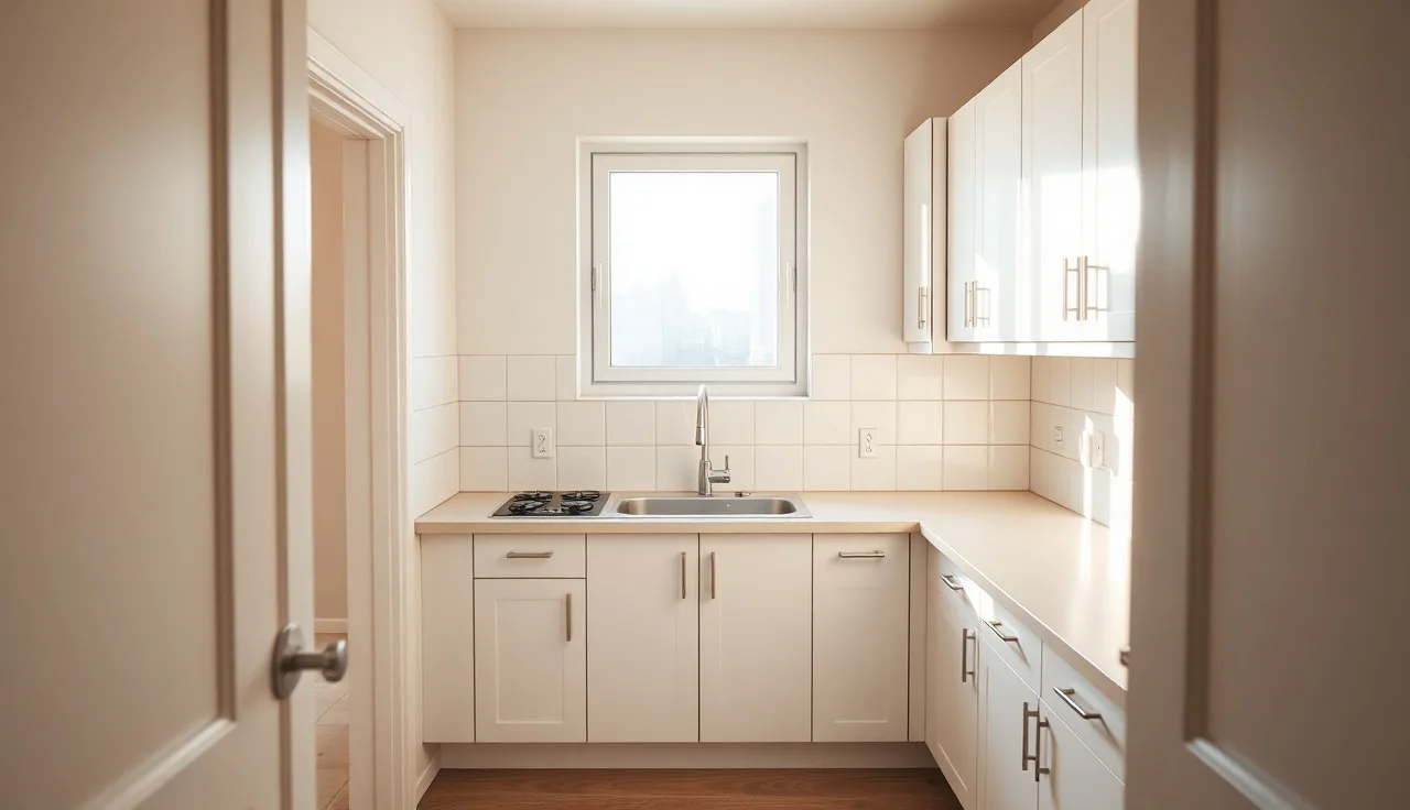 Empty apartment kitchen with electric cooktop awaiting Section 8 inspection
