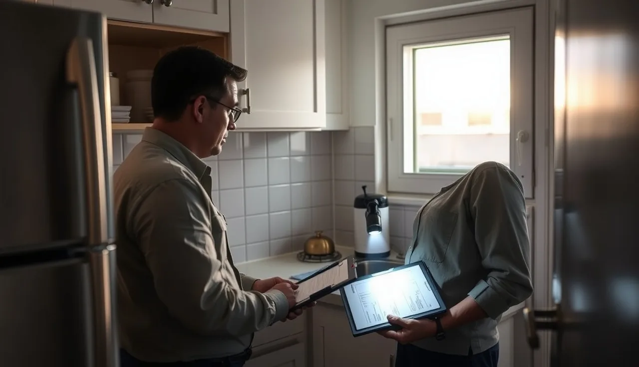 Housing inspector examining under kitchen sink during a section 8 inspection in Los Angeles
