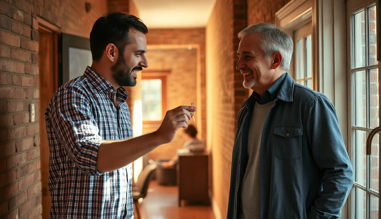 Landlord handing keys to tenant in apartment hallway after section 8 inspection