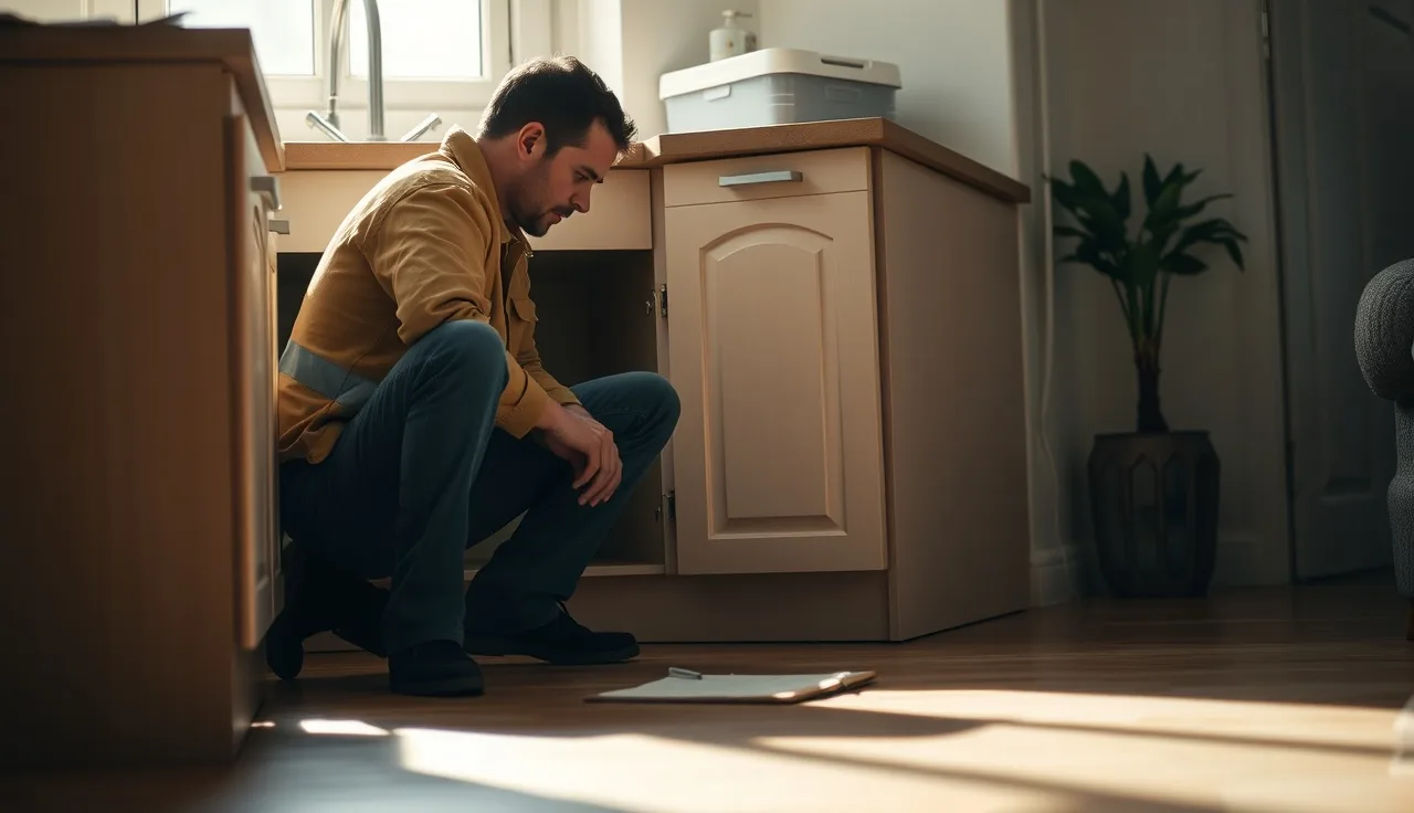 Housing inspector examining under a kitchen sink during a section 8 inspection
