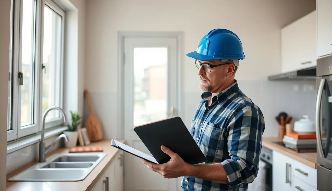 Housing inspector examining kitchen fixtures during a Section 8 inspection visit