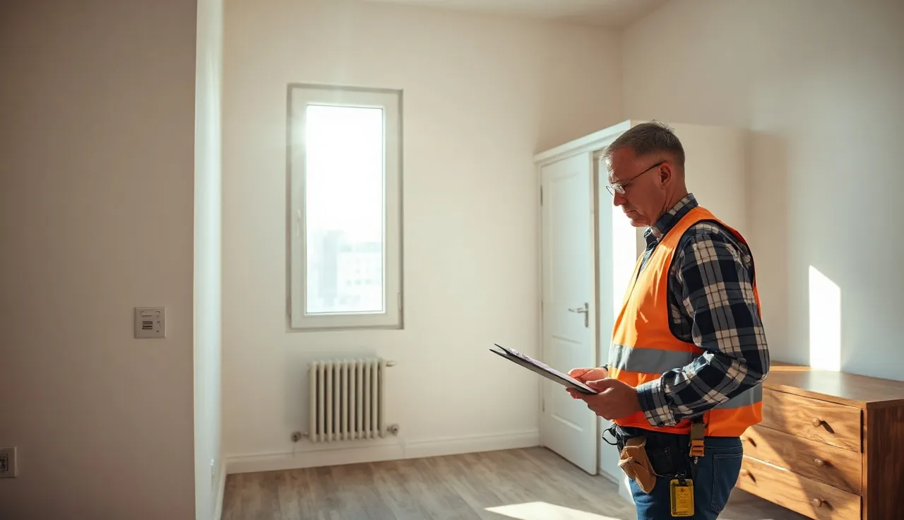 Inspector examining window latch in empty apartment during section 8 inspection