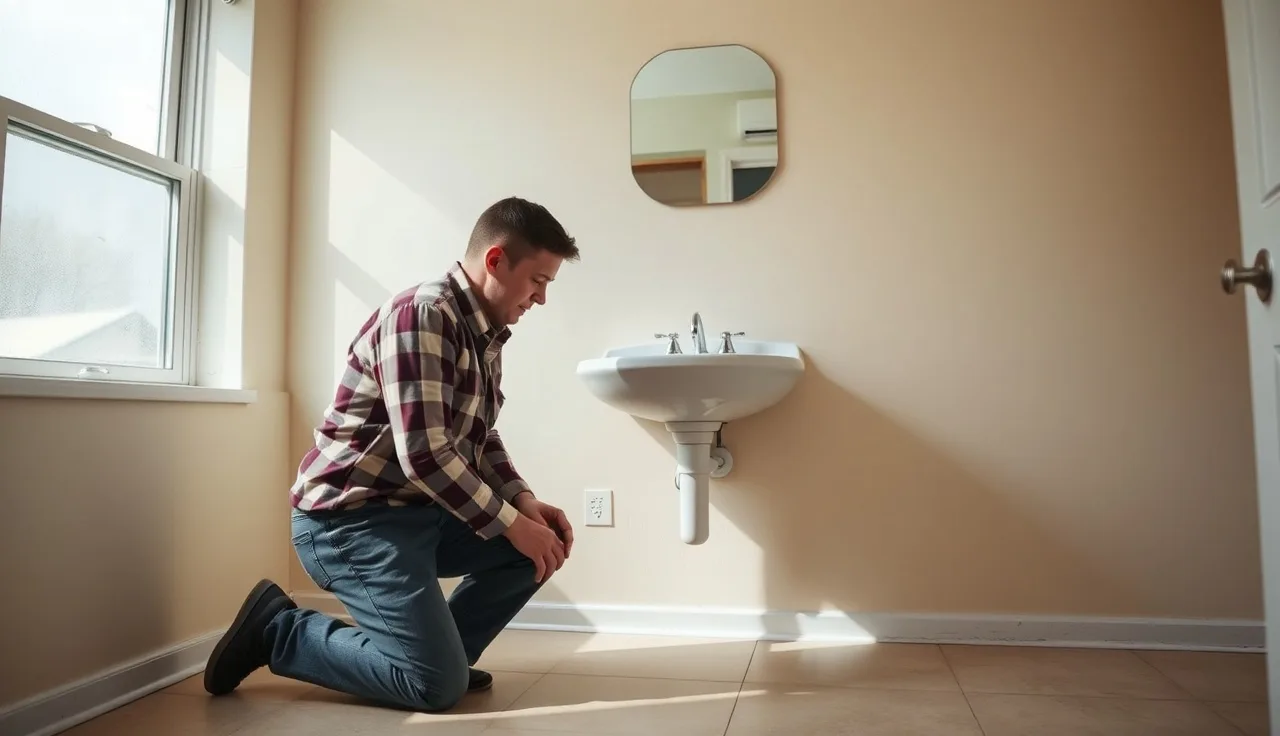 Landlord inspecting a repaired sink fixture in an empty rental unit before reinspection