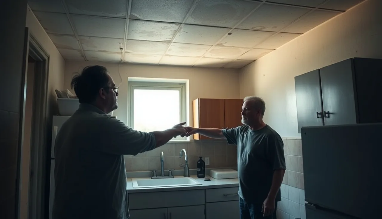 Tenant pointing at water damage on apartment ceiling during a repair dispute