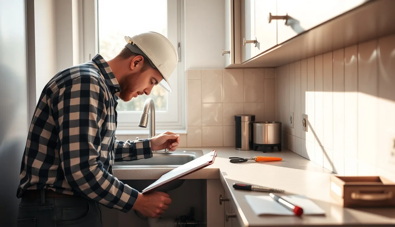 Inspector examining under-sink plumbing during a HUD housing inspection