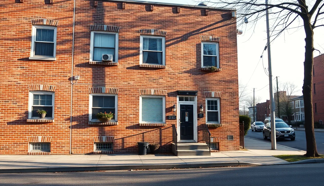 Brick apartment building exterior on a residential street in afternoon light