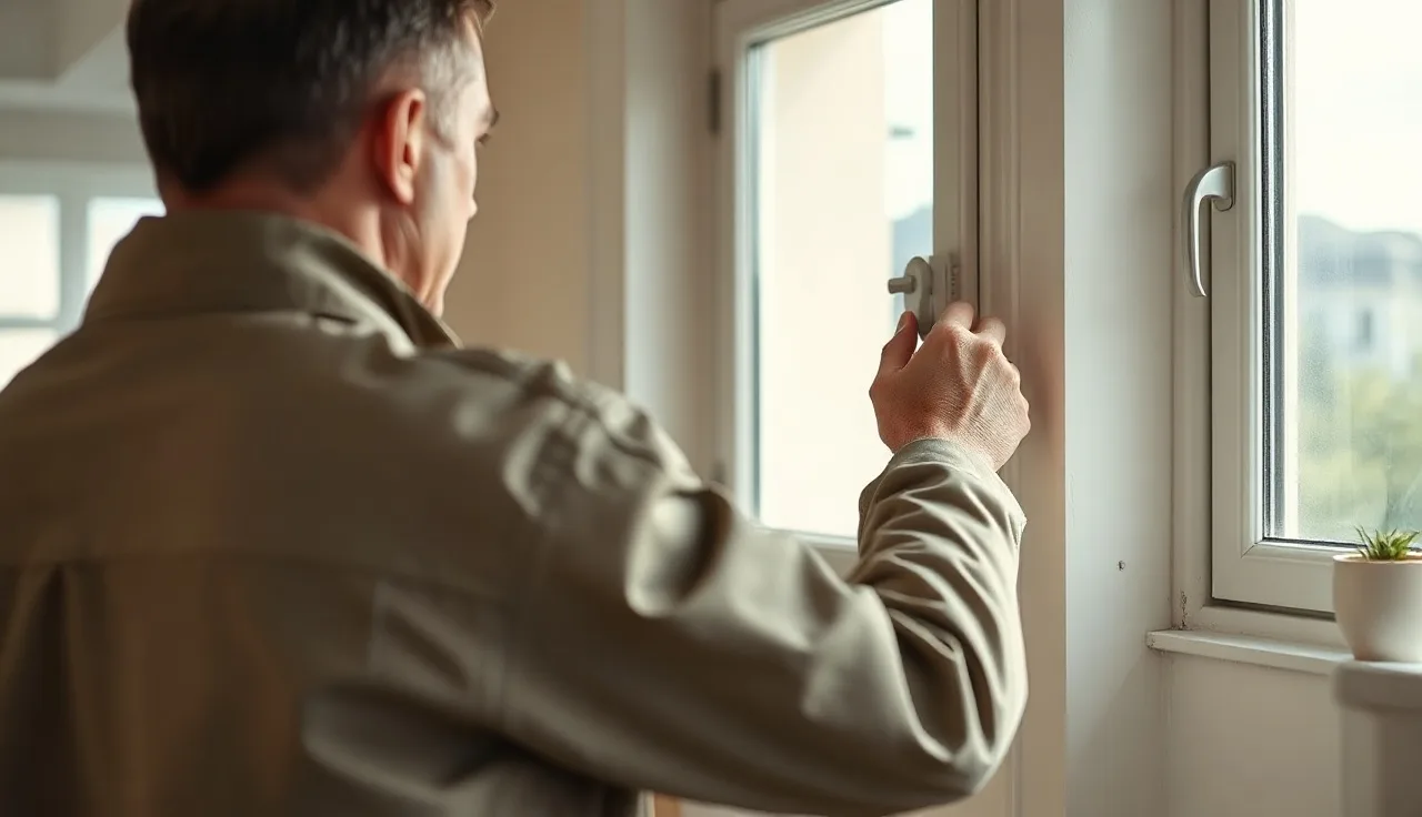 Housing inspector checking window latch during a Section 8 inspection in a residential unit