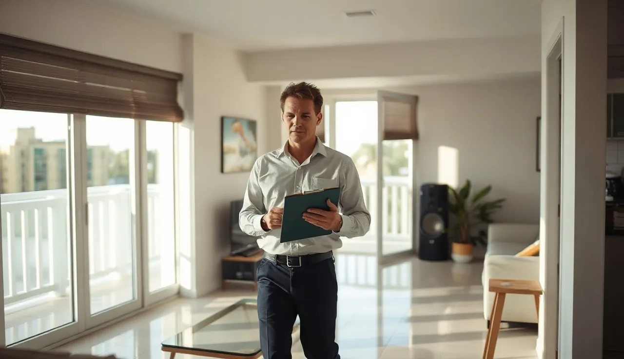 Housing inspector examining a Miami apartment interior during a Section 8 inspection