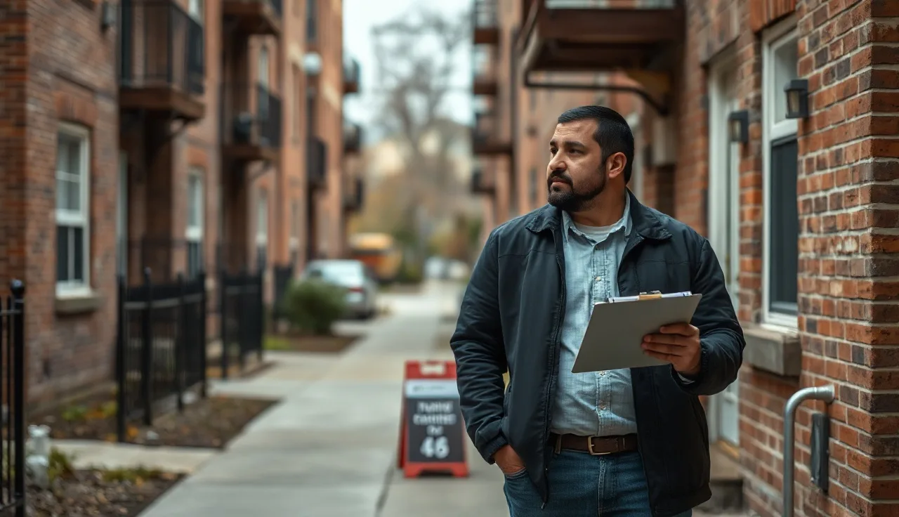 Landlord and housing inspector outside apartment building before a Section 8 inspection