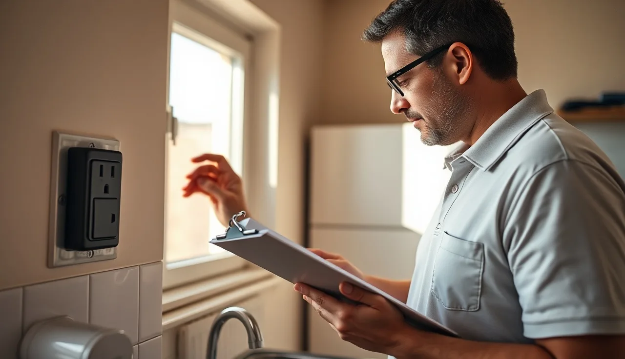 Housing inspector examining a kitchen wall outlet during a Section 8 NSPIRE inspection