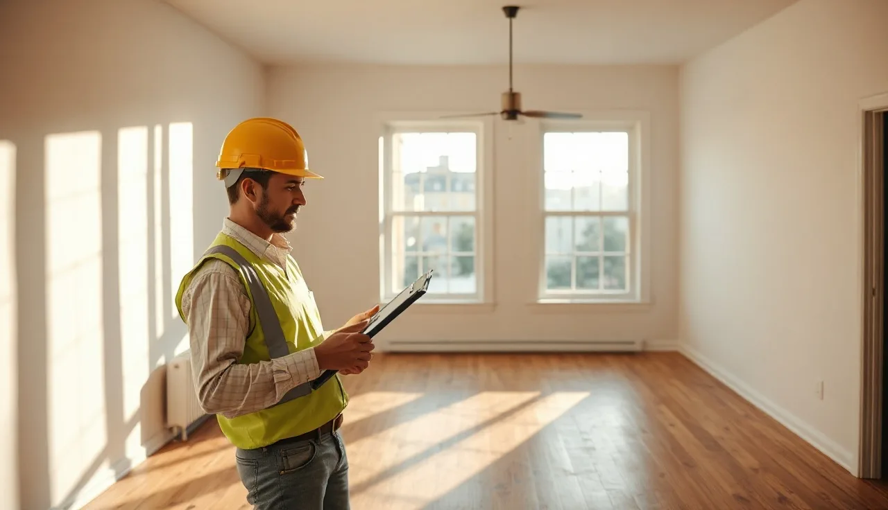 Housing inspector writing notes on clipboard inside empty apartment before section 8 inspection