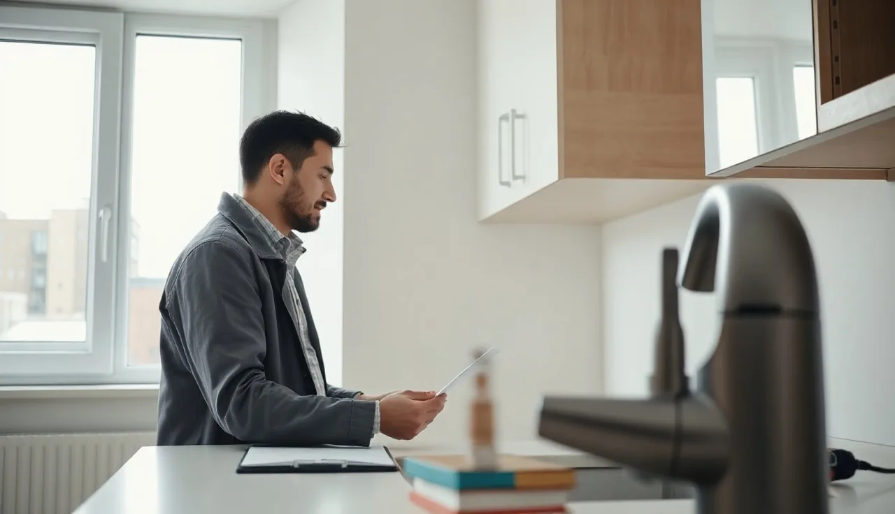 Housing inspector checking kitchen plumbing in an empty apartment during a Section 8 home inspection