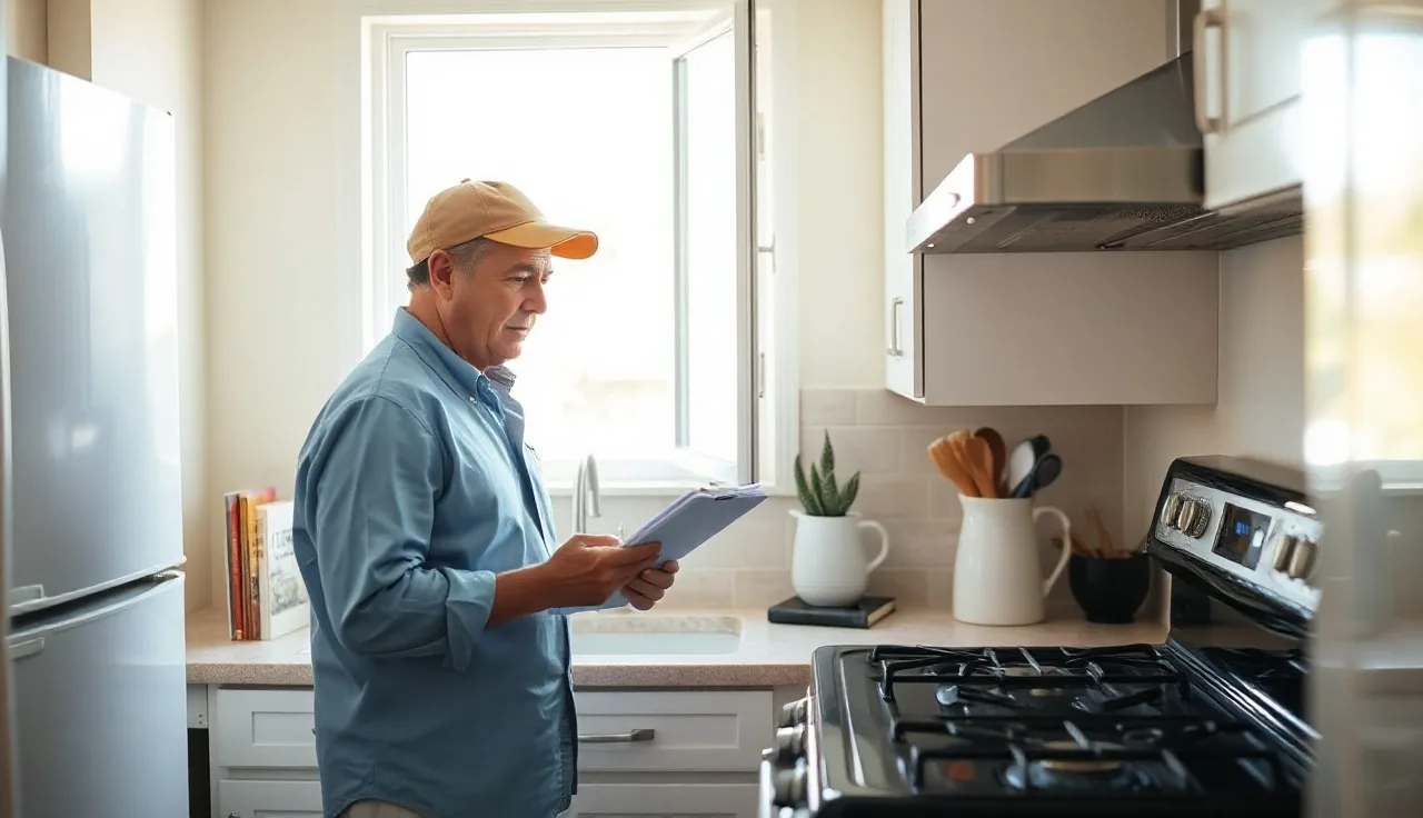 Housing inspector checking stove burner during a Section 8 inspection in a California apartment