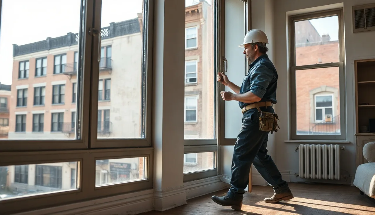 Inspector checking window latch in a sunlit Chicago apartment during a housing inspection