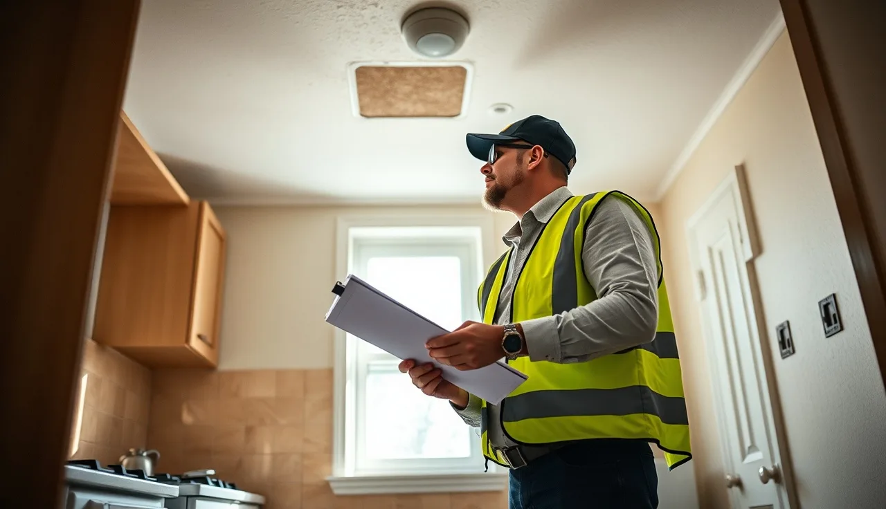 Housing inspector examining a kitchen wall during a Section 8 HQS inspection