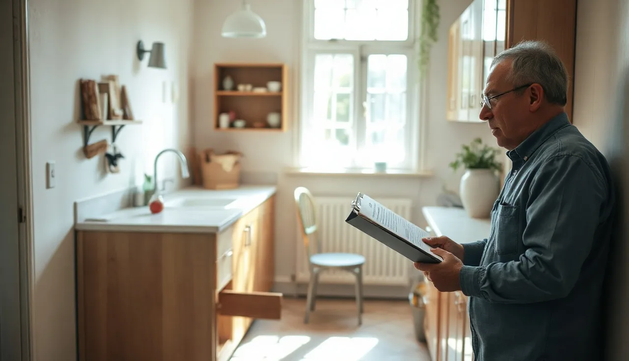 Housing inspector examining under-sink plumbing during a section 8 reinspection