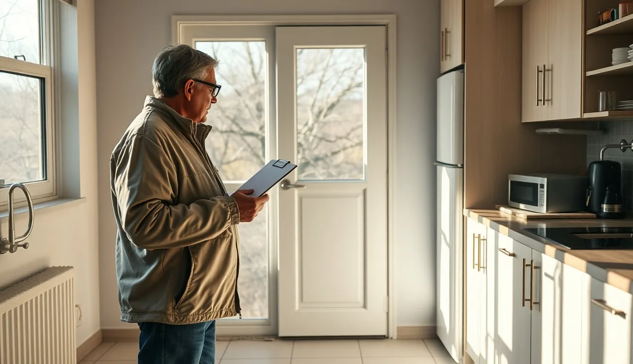 Housing inspector checking a kitchen window latch during a Section 8 inspection