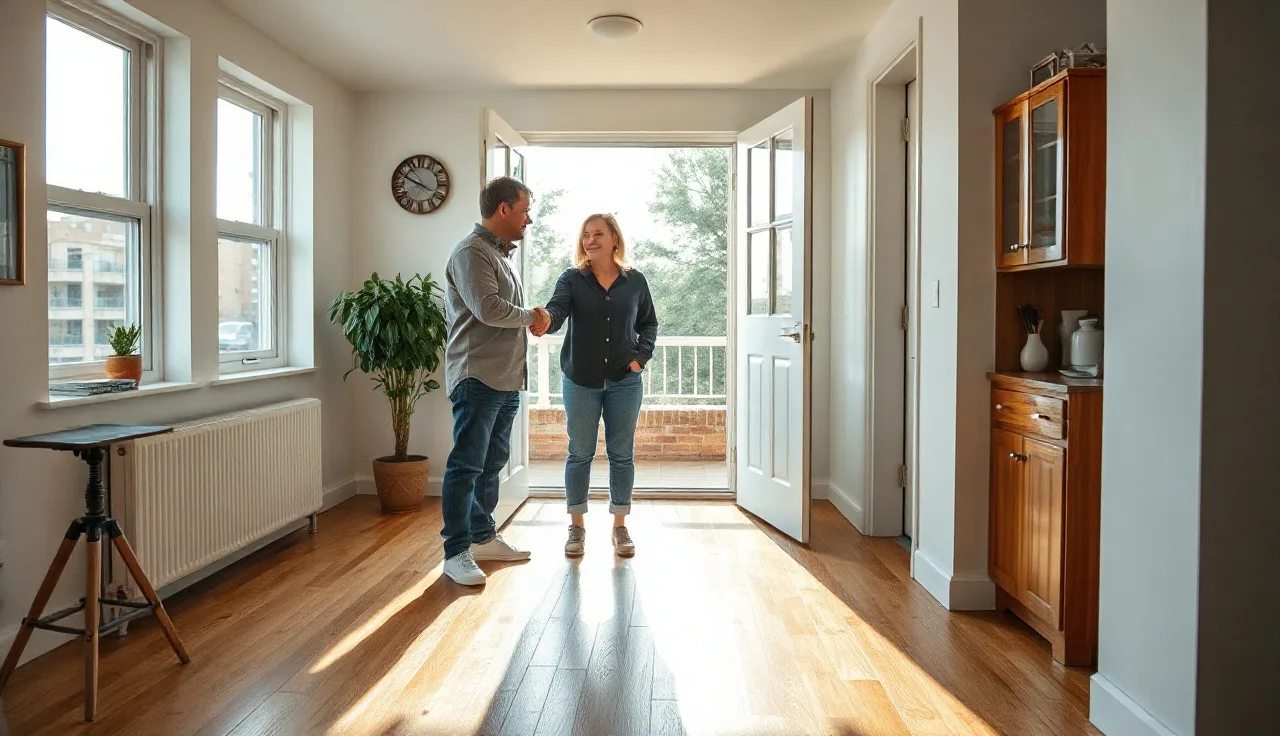 Landlord and tenant shaking hands at apartment doorway after Section 8 inspection approval