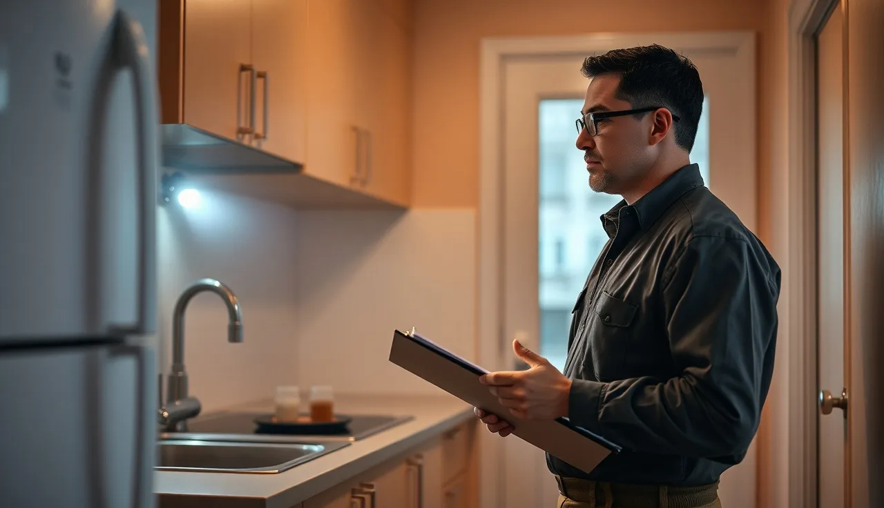 Housing inspector checking under kitchen sink during Section 8 inspection