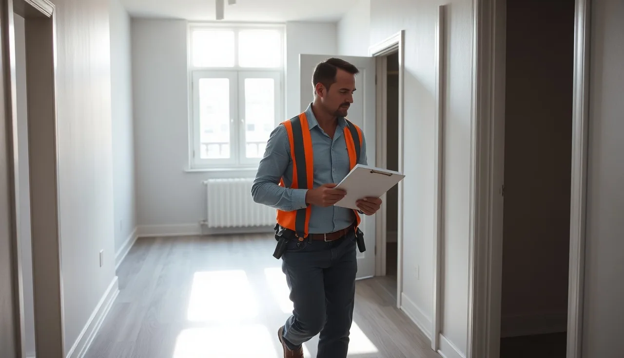 Property manager inspecting a door frame in an empty apartment before Section 8 inspection