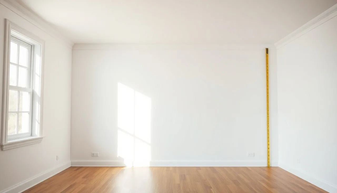 Empty room with tape measure stretched from floor to ceiling checking height