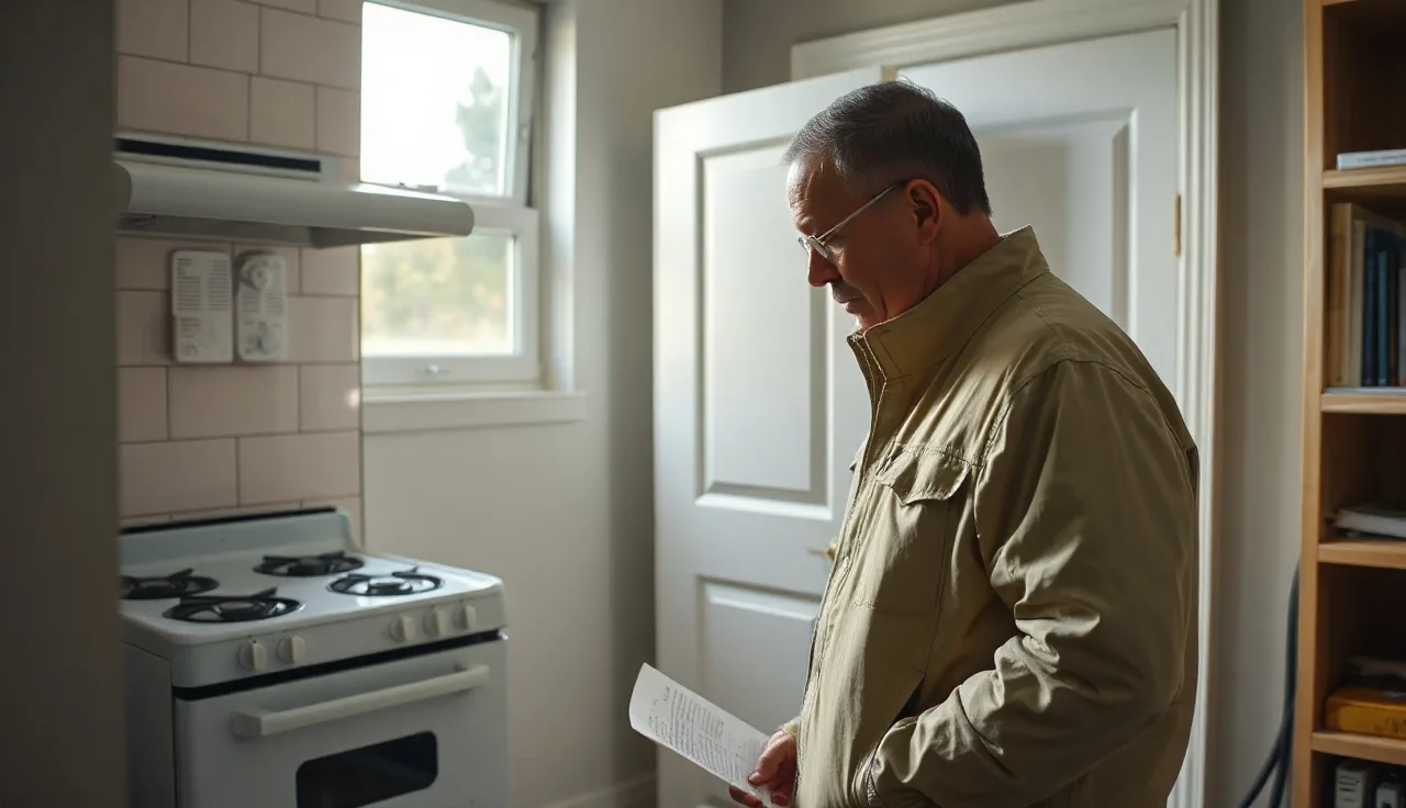Housing inspector checking a kitchen stove and smoke detector in an apartment