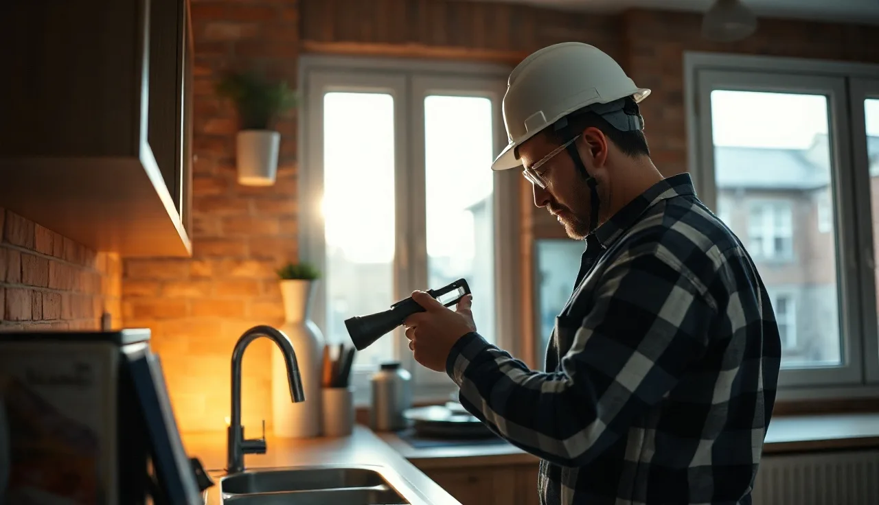 Housing inspector checking under a kitchen sink during a Section 8 inspection