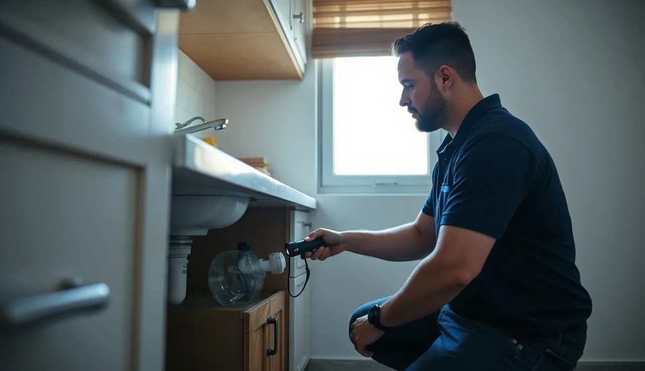 Inspector checking under kitchen sink during a Section 8 housing inspection