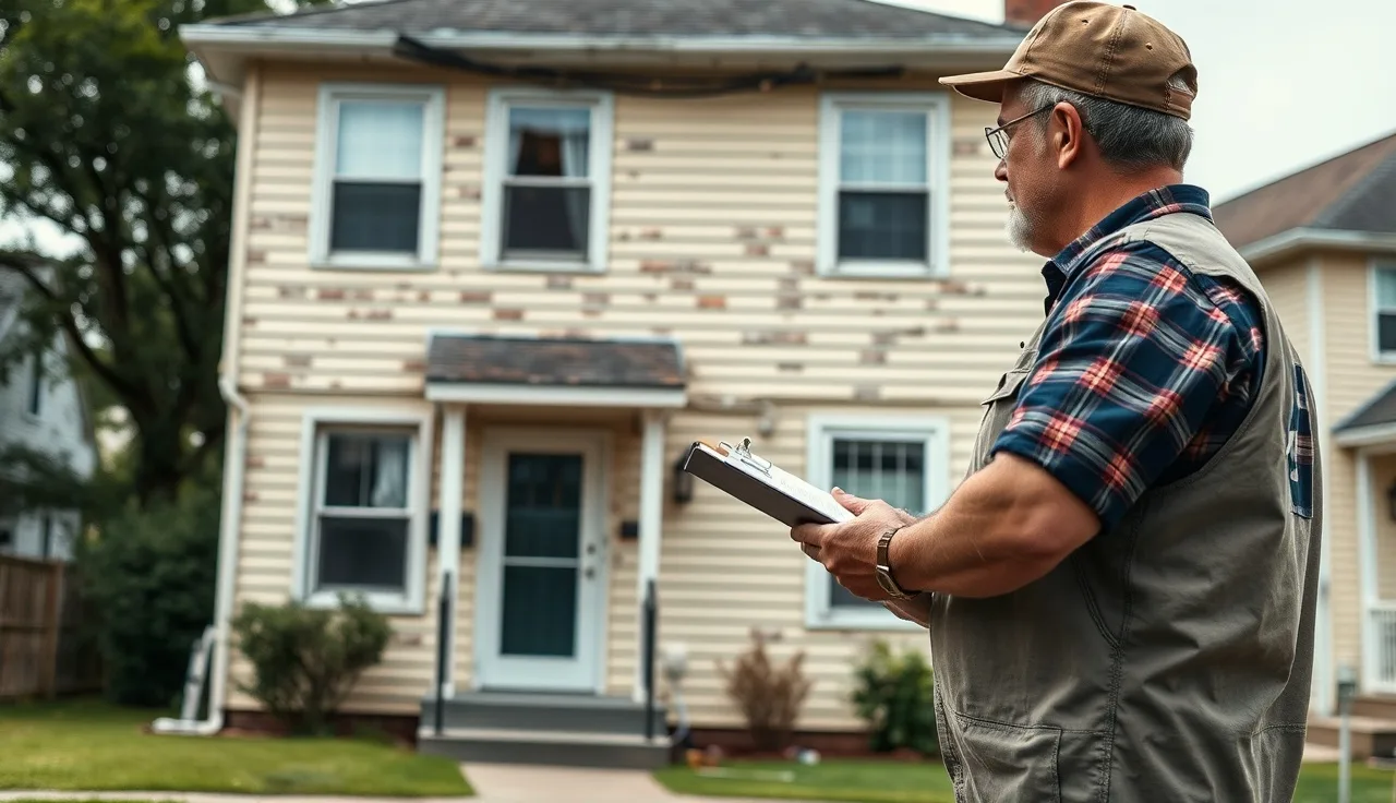 Housing inspector examining exterior of rental home during an HQS inspection