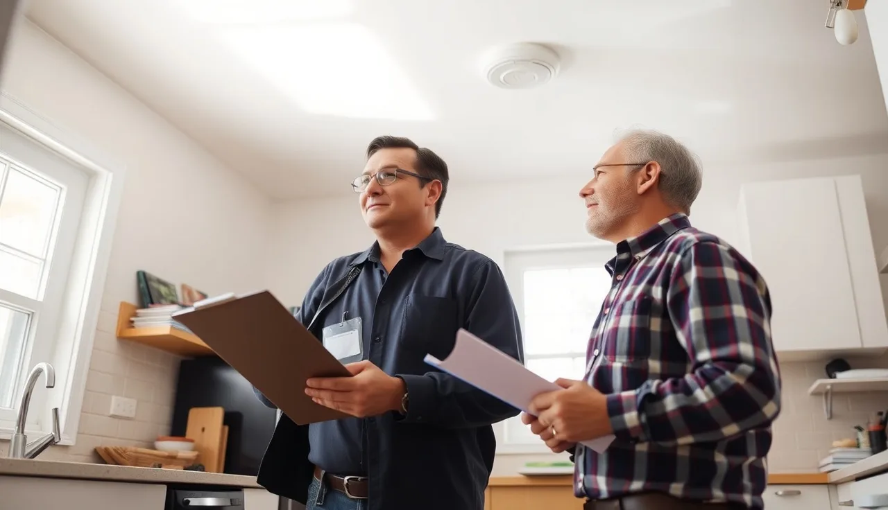 Housing inspector checking a smoke detector during a Section 8 quality control inspection