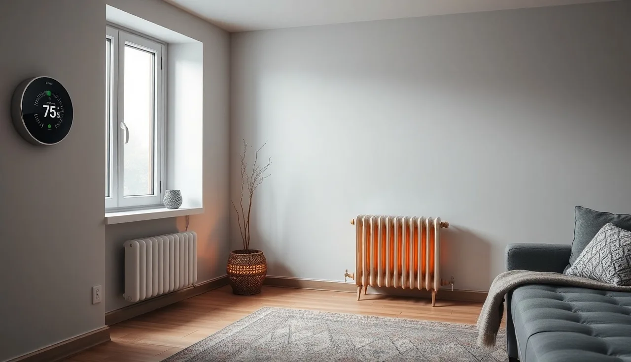 Living room thermostat and radiator in a Section 8 rental on a winter morning