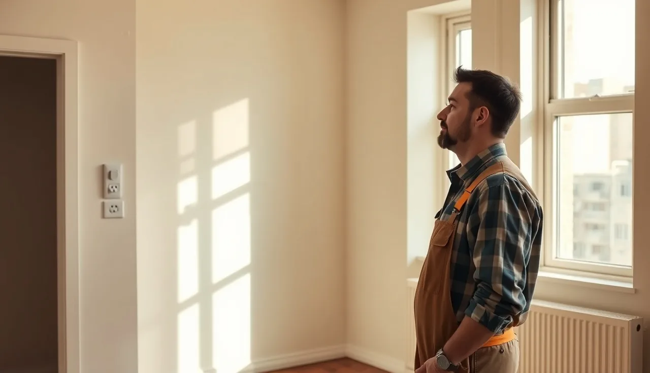 Landlord inspecting electrical outlet in an empty apartment during an HQS inspection