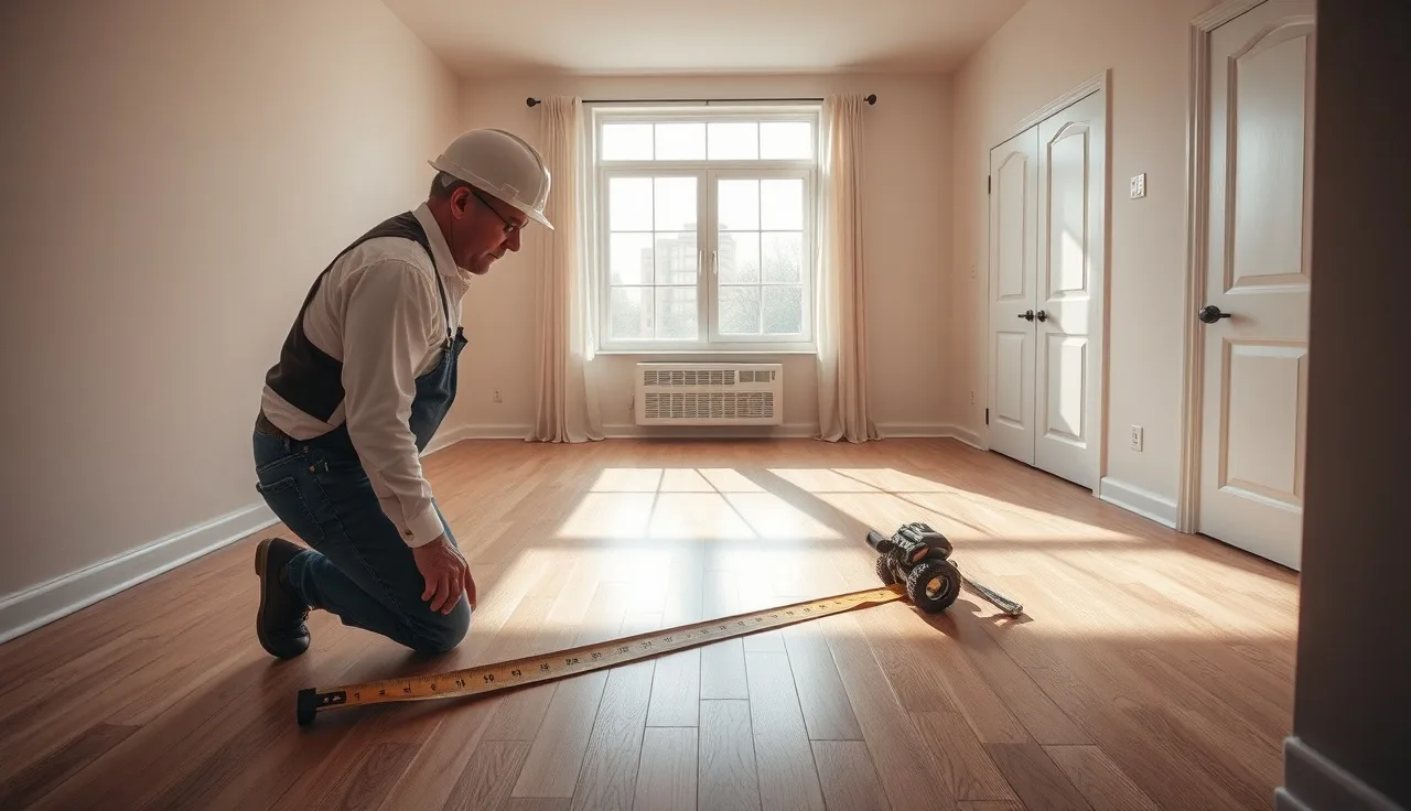 Inspector measuring bedroom floor area during a HUD housing inspection