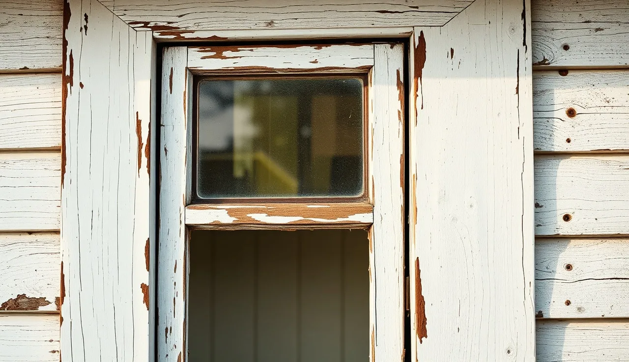 Peeling white paint on an old wooden window frame showing HQS paint failure condition