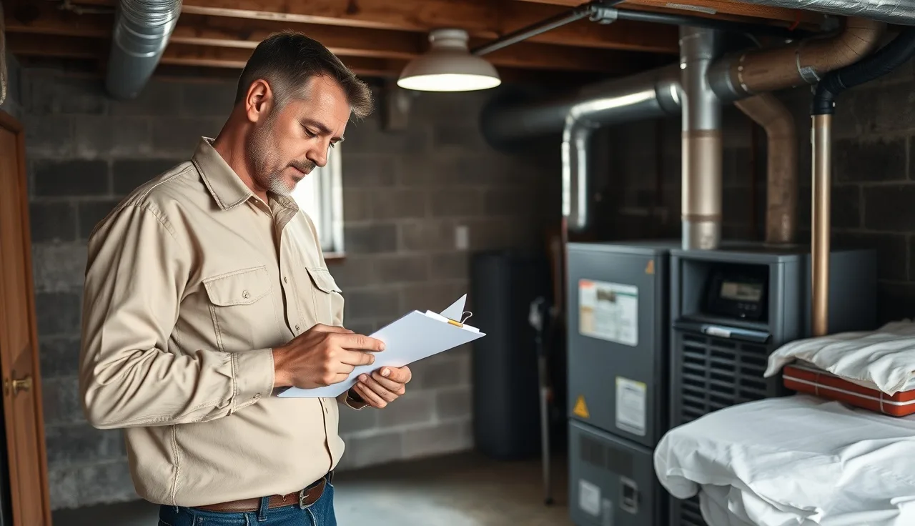 Home inspector examining a furnace during a Section 8 housing inspection