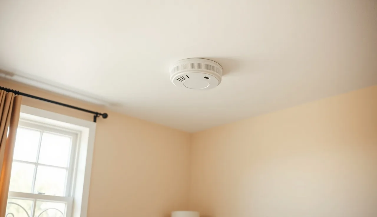 White smoke detector on ceiling above a rental bedroom, natural light